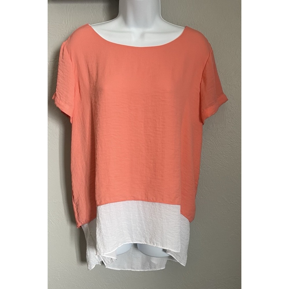 ana a new approach Layered Blouse Coral/White Tunic Womens Large Short Sleeve